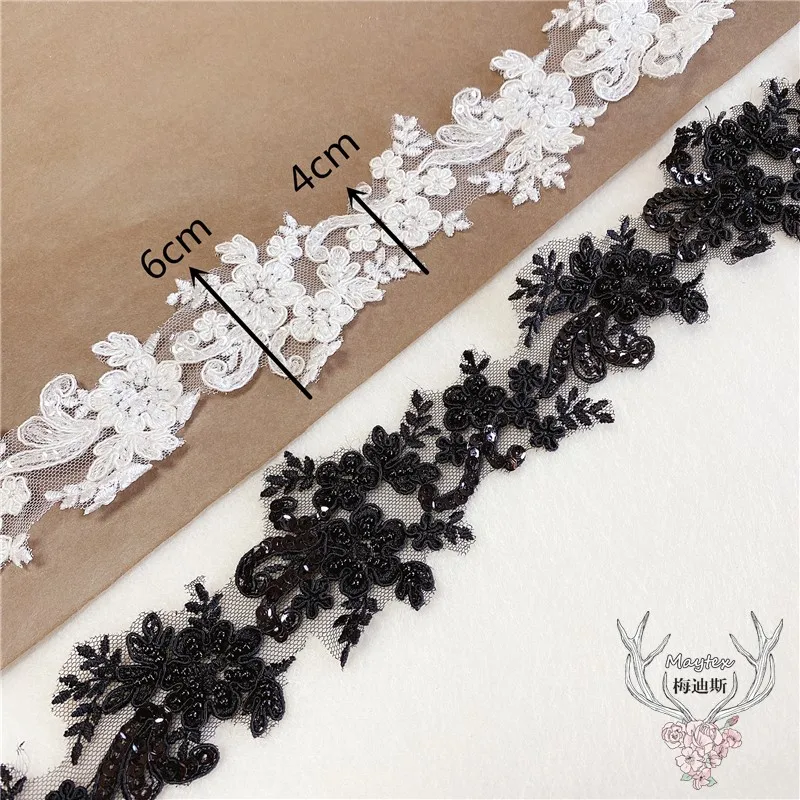 

Black and off white embroidery beads sequin embroidered lace trim for skirt decorative