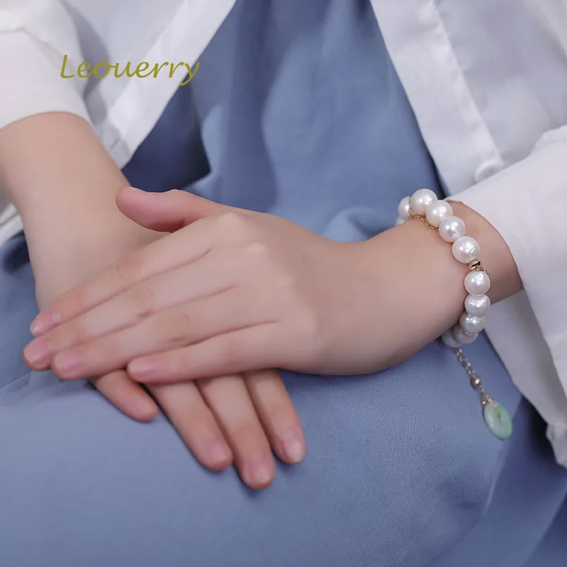 

Leouerry Natural Pearl Emerald Beaded Bracelet 925 Sterling Silver 14K Gold Elegant Bracelets for Women Silver 925 Jewelry Gift