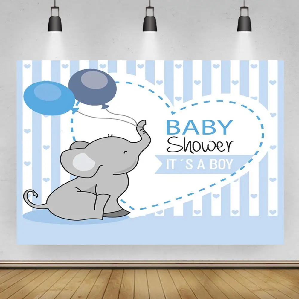 

Newborn Baby Shower Blue Elephant Photography Backdrop White Love Heart Pattern Boy 1st Birthday Photo Background