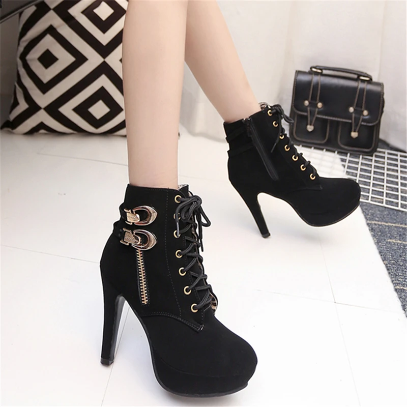 

2018 Spring Autumn Thin High Heels Round Toe Platform Faux Leather Zipper Style Sexy Ankle Womens Boots Woman Shoes Rubber Boots