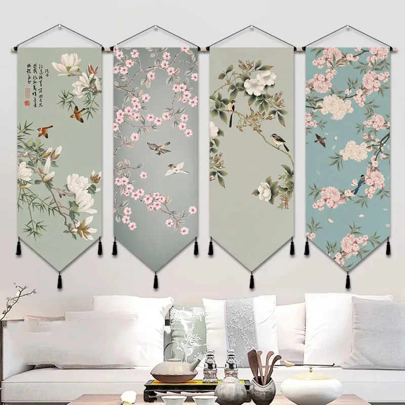

Chinese Style Bird Branch Scroll Painting Wall Art Canvas Flowers Posters Painting Hanging Painting Wall Tapestry Home Decor