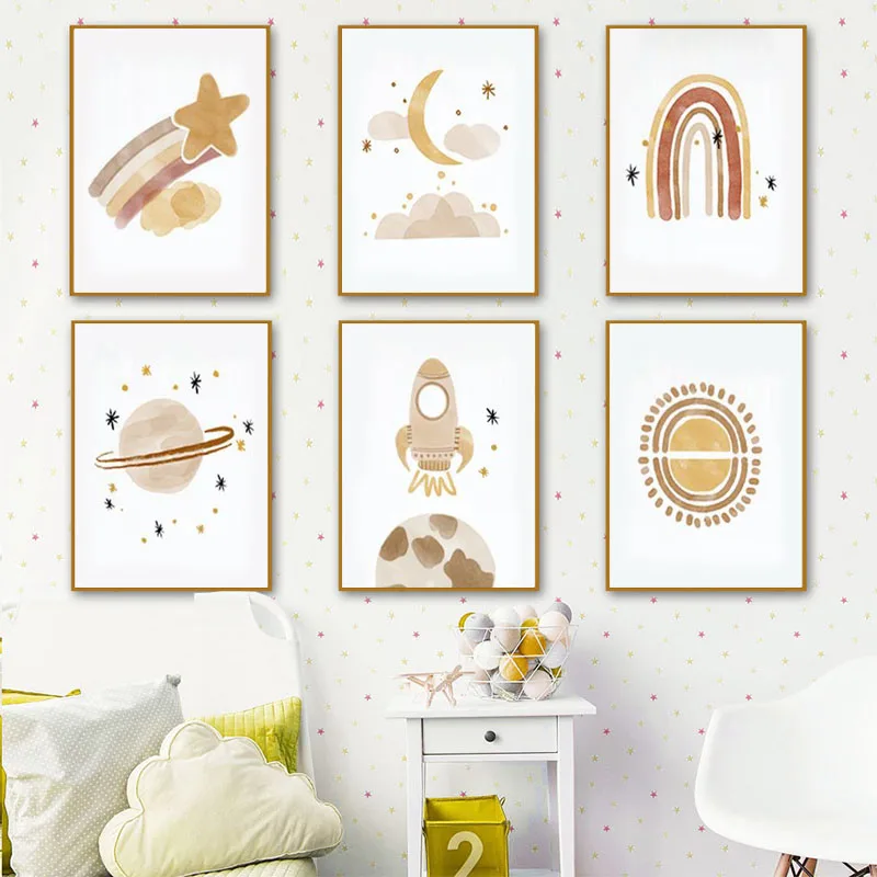 

Nursery Wall Art Sun Stars Moon Earth Posters and Prints Children's Room Decoration for Kid Room Poster Cartoon Universe Picture