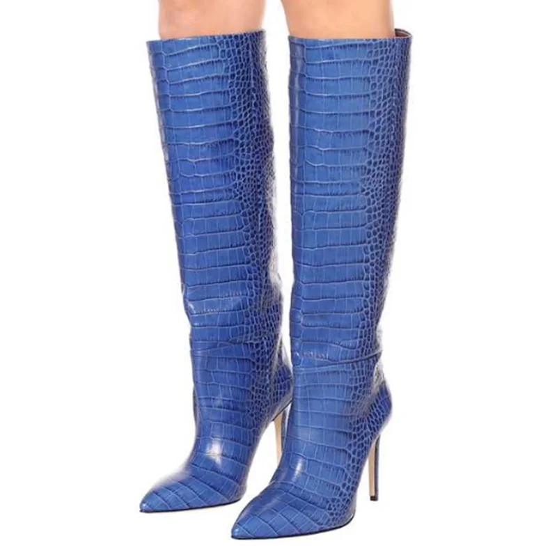 Пикантные сапоги до колена со змеиным принтом Острый носок Цвет синий желтый