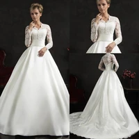elegant satin long train 2018 long sleeves high collar vintage lace bridal gown vestido de noiva mother of the bride dresses