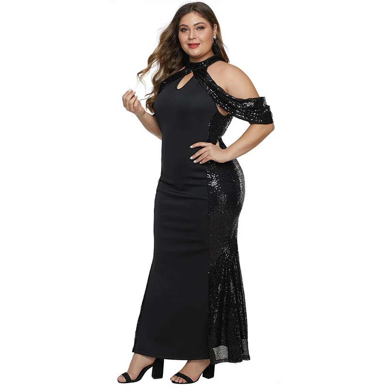 Платье женское длинное черное с блестками и высоким воротом размеры до 5XL |