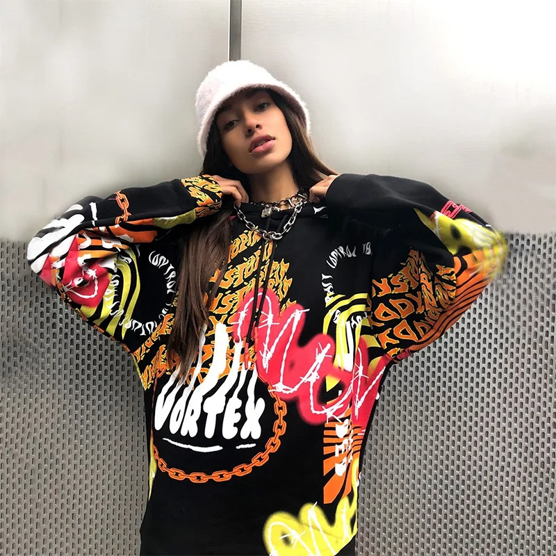 

2020 Autumn Women Hoodies New Style Hooded Graffiti Camouflage Hip Hop Long Hoodies Tops