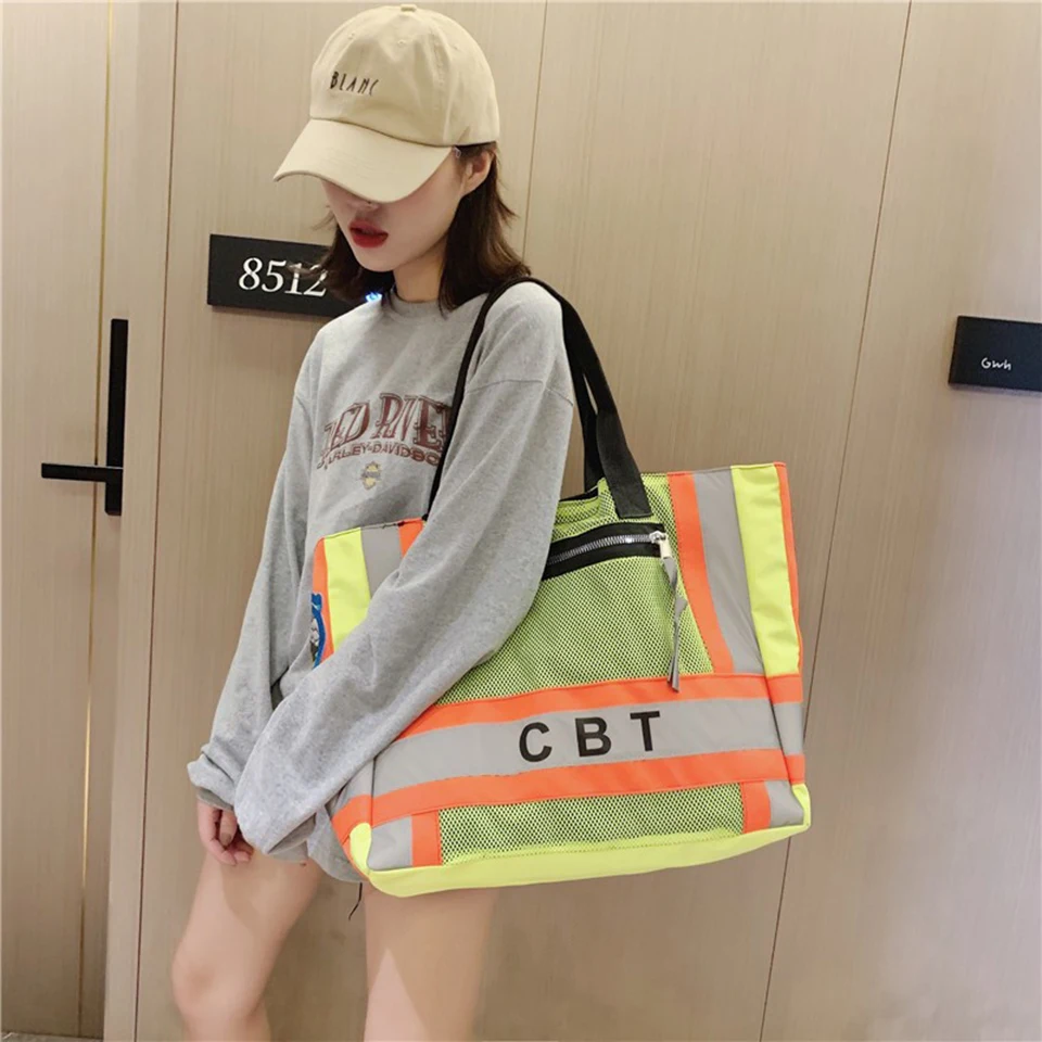 Women Large Capacity Tote Bags Neon Green Street Handbag Reflective Shoulder Korean Style Girl Trend Fashion Shopping | Багаж и сумки