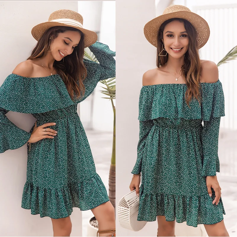 

2021 Fashion Casual Long Sleeve Dress Women Sexy Off Shoulder Mini Dress Autumn Office Lady Chiffon Ruffles Slim A-Line Dress