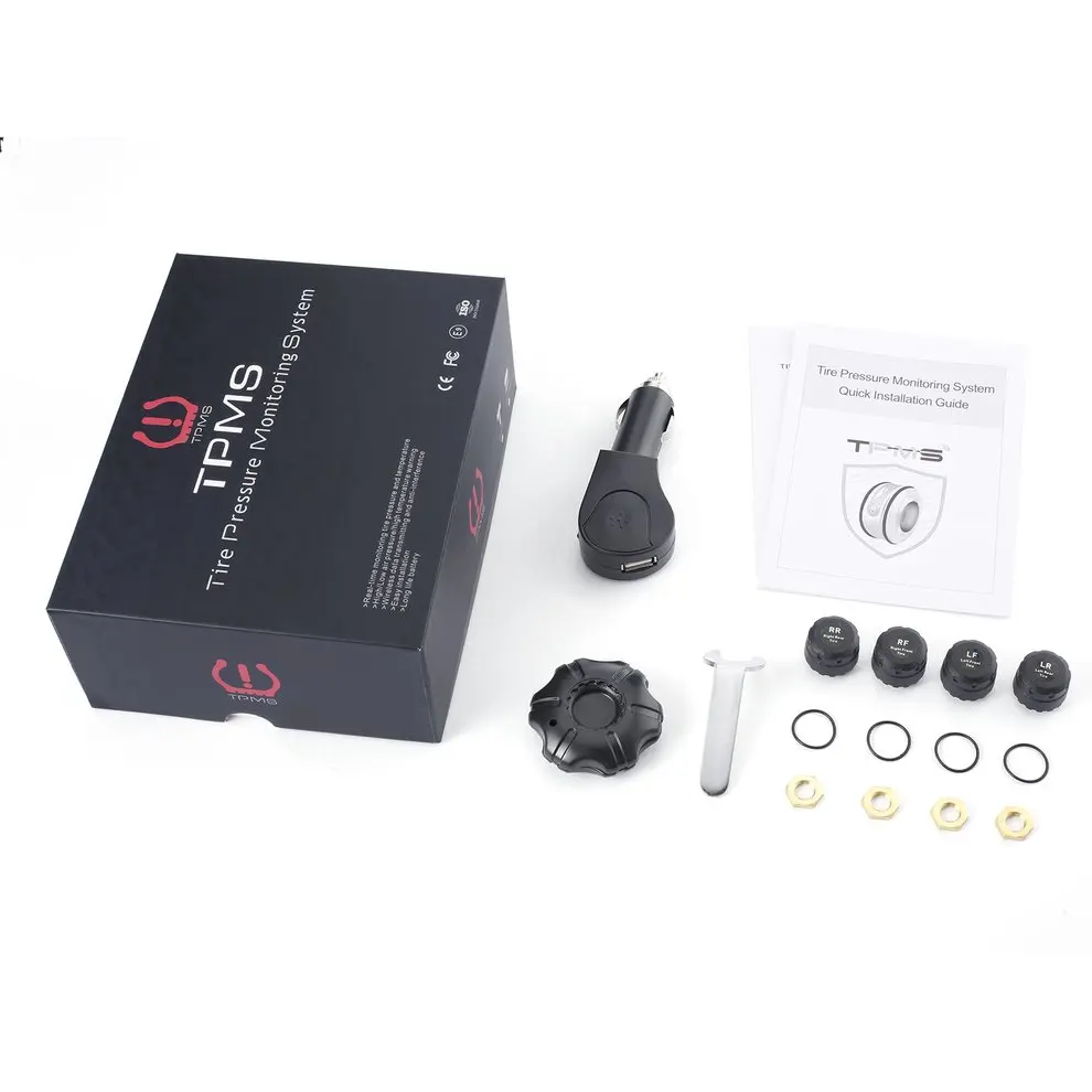 

Plug & Play Wireless Tire Pressure Monitoring System with Plug-in Car Charger 4 External Sensor No LCD Screen