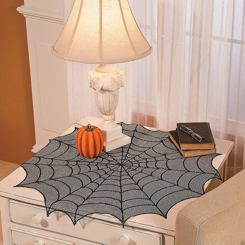 

Round Polyester Lace Table Mat Halloween Decoration Lace Spider Web Table Cloth Cover Black Table Runners Event Party Supplies