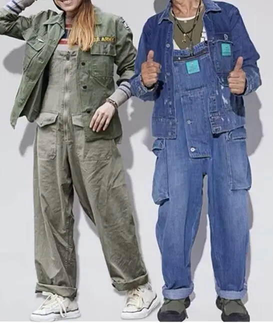 Multi-Pocket Bib Jeans Men's Washed Denim Overalls School Worker Suspenders Workers' Jumpsuit Denim Pants Asia Size