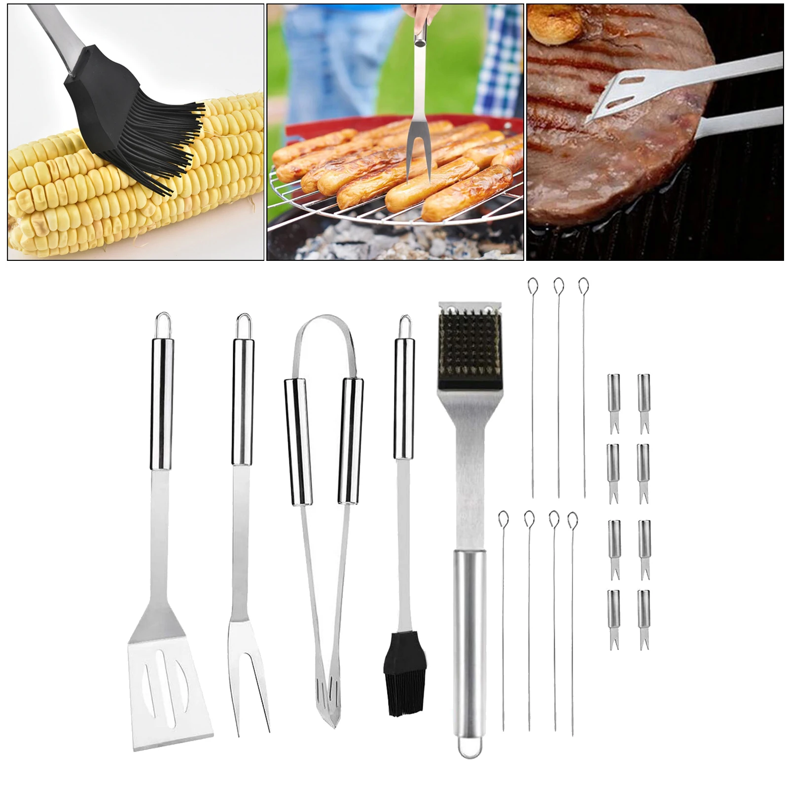 

Complete BBQ Grill Tool Basting Brush Skewers Barbecue Grilling Portable Bag