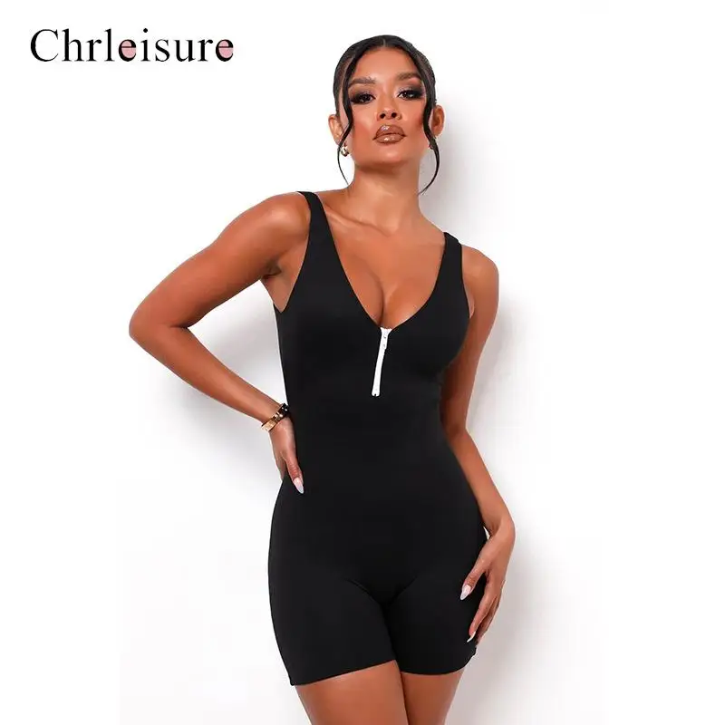Женский комбинезон с шортами CHRLEISURE однотонный Облегающий высокой талией и V