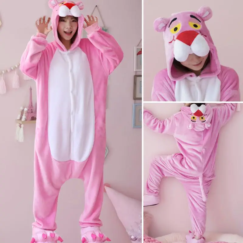 Pink Panther FL Пижамы для взрослых, Женские Фланелевые пижамы, кигуруми, единорог, Ститч, тигр, Тоторо, Мультяшные животные, пижамные комплекты, пижамы с капюшоном - Цвет: Pink Panther FL