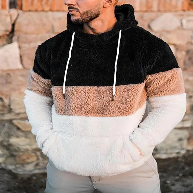 

Kalenmos Autumn Sweatshirt Men 2021 Fashion Hedging Vintage Hooded Stitching Contrast Plush Pocket Loose Casual Man Hoodies