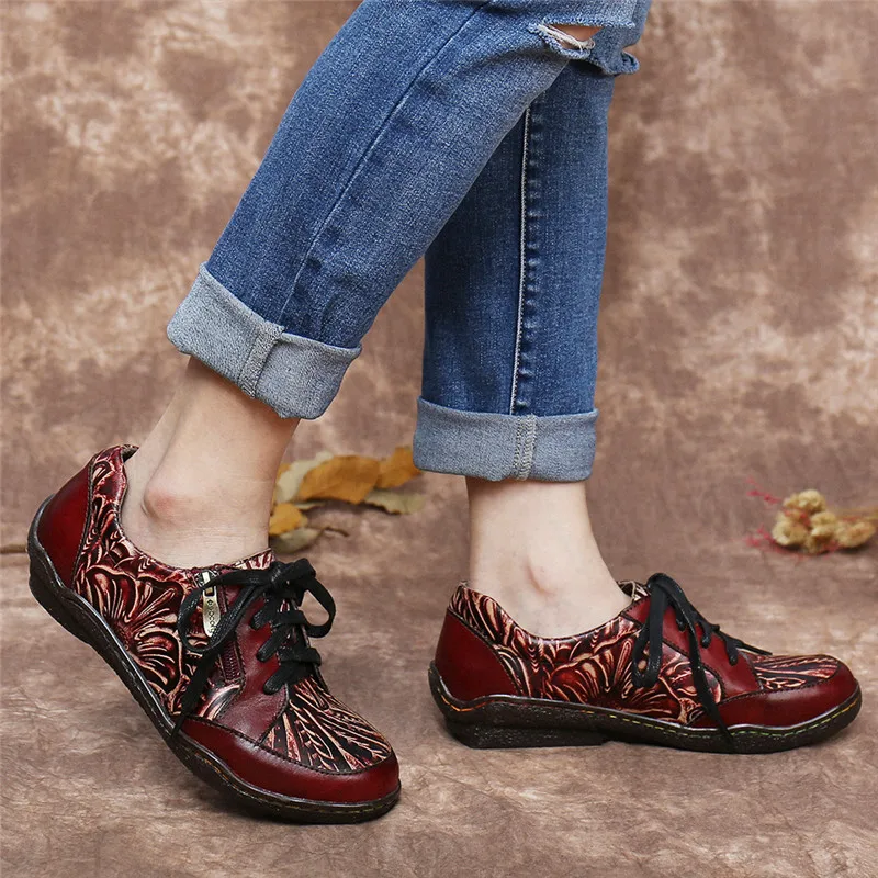 

SOCOFY Women Leather Shoes Floral Splicing Stitching Side Zipper Lace-up Casual Outdoor Round Toe Flats Shoes Botas Mujer 2020