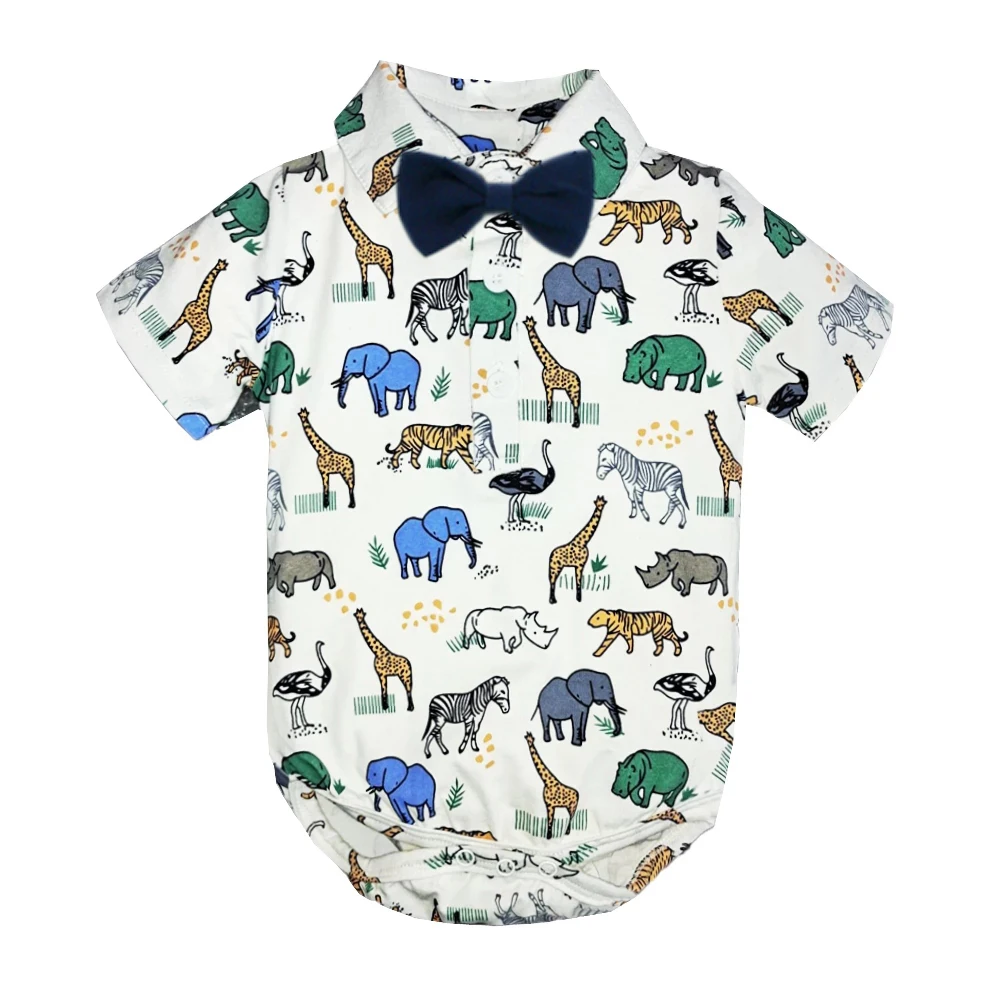 

Animal Printed Short Sleeve Bodysuit Summer Soft Cotton Turn-down Collar Children Jumpsuit Green Boy Clothes