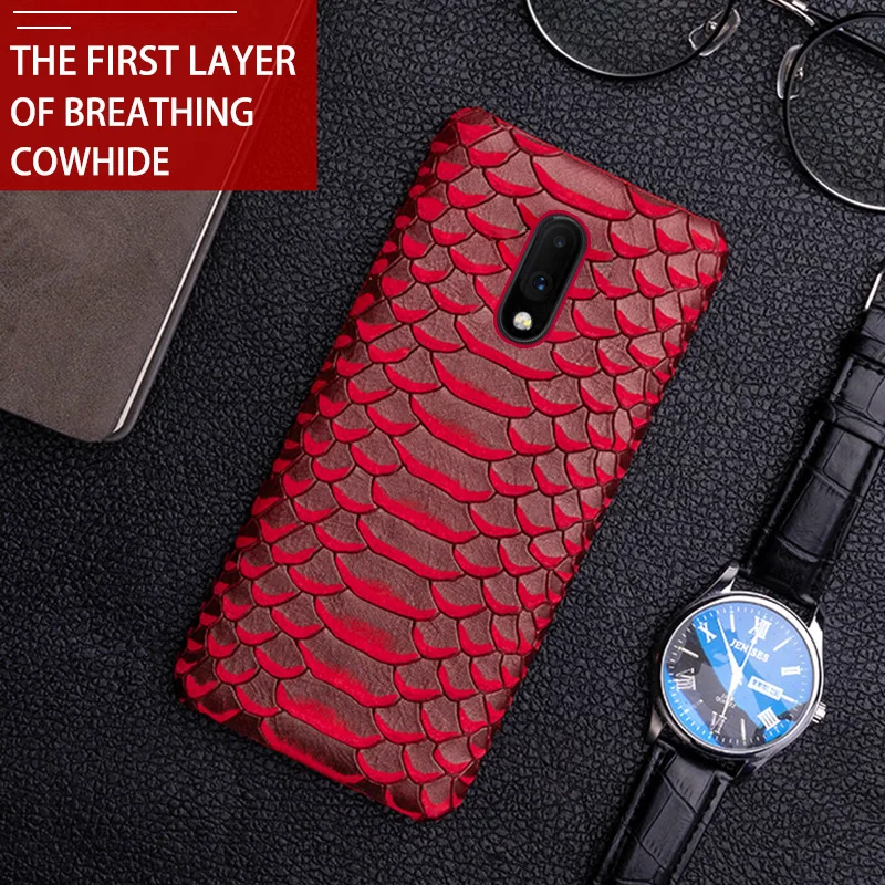 

Genuine Leather Phone Case For Oneplus 8 Pro 7T Pro 7 Pro 6 6T 5 5T 3 3T Cases Cowhide painted snake texture Back cover