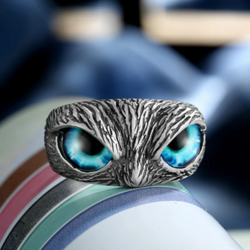 

2021 Vintage Cute Men Women Blue Eyes Owl Ring Silver Color Retro Animal Engagement Wedding Rings Punk Gothic Ring Jewelry Gifts