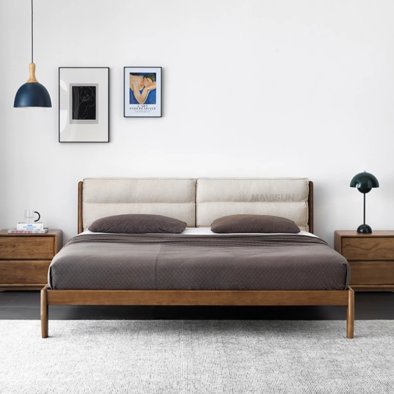 

Nordic combined wood bed modern minimalist bedroom small apartment 1.8 m double fabric bed Master Bedroom