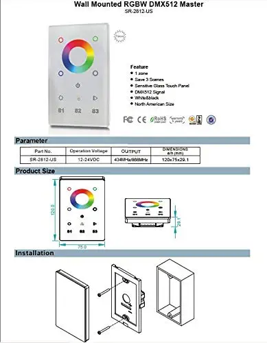 RGB & RGBW LED Touch DMX Wall Mounted Controller Dimmer with In-Wall Power Supply SR-2812B-DMX Kit - Black | Освещение