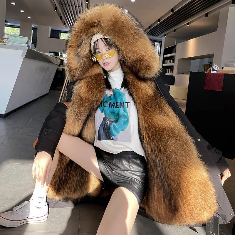 Lugentolo Long Faux Fur Coat Women Mid-length Liner Fox Fur Detachable Hooded Coat Winter  Loose Faxu Fur Coats