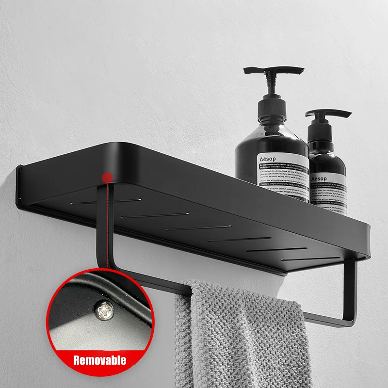 

Black Aluminum Storage Rack Bathroom Shelf With Towel Bar Lotions Storage Organizer For Bathroom Accessories Set