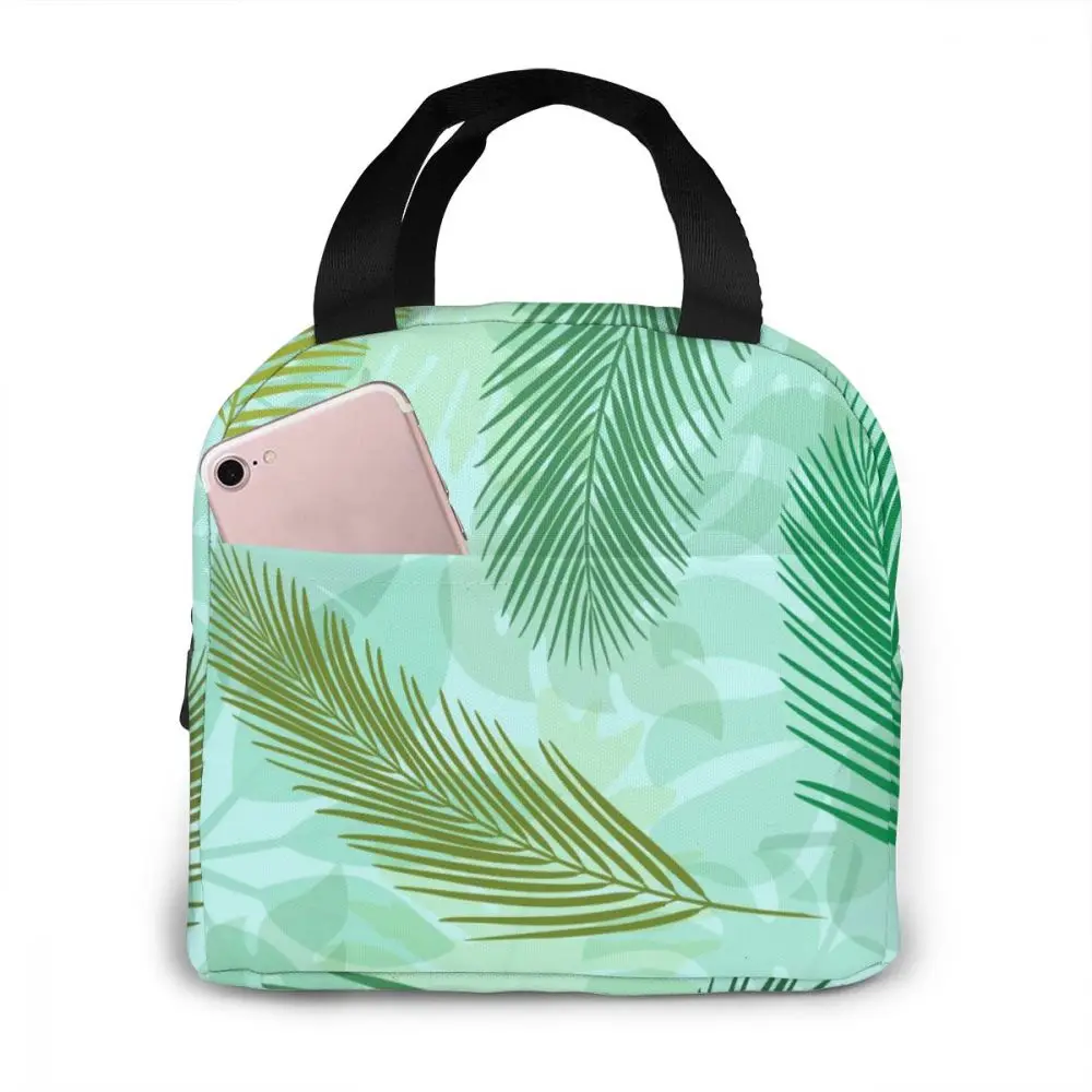 

Green Palm Leaves Cooler Bag Portable Zipper Thermal Lunch Bag Convenient Lunch Box Tote Food Bag