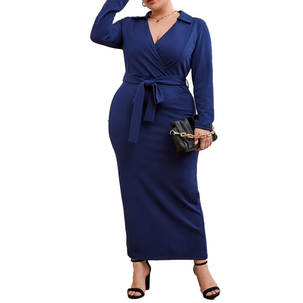 

2021 New Plus Size Women's Clothing Europe America Knit Dress Solid Color V-neck High Waist Long Sleeve African Temperament