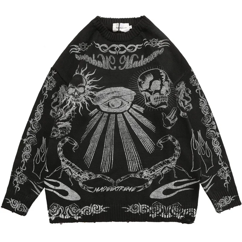 

2021 Hip Hop Streetwear Sweater Men Oversized Skull Printed Vintage Pullover Knitted Gothic Punk Jumper Skeleton Fashion Sweater