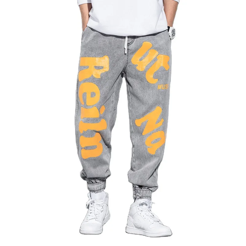 Letter Printing Casual Jeans Men's Loose Drawstring Ankle Length Pants Harem Pants M-5XL Large Size Denim Trousers