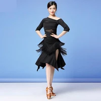 new women ballroom dance clothes sexy mesh salsa samba middle sleeve spandex 2 pieces fringes latin dresses top and short skirt