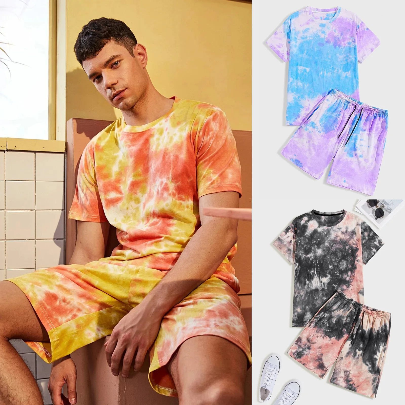 

Fashion Short-sleeved T-shirt Set 2021 Summer New Tie-dye Print Round Neck Casual Sporty Men's Home Service Tops Shorts Sets 2pc