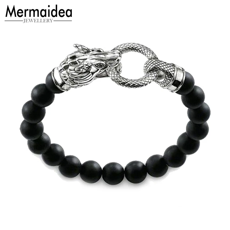 Мужской браслет с застежкой голова дракона из натурального камня обсидиана