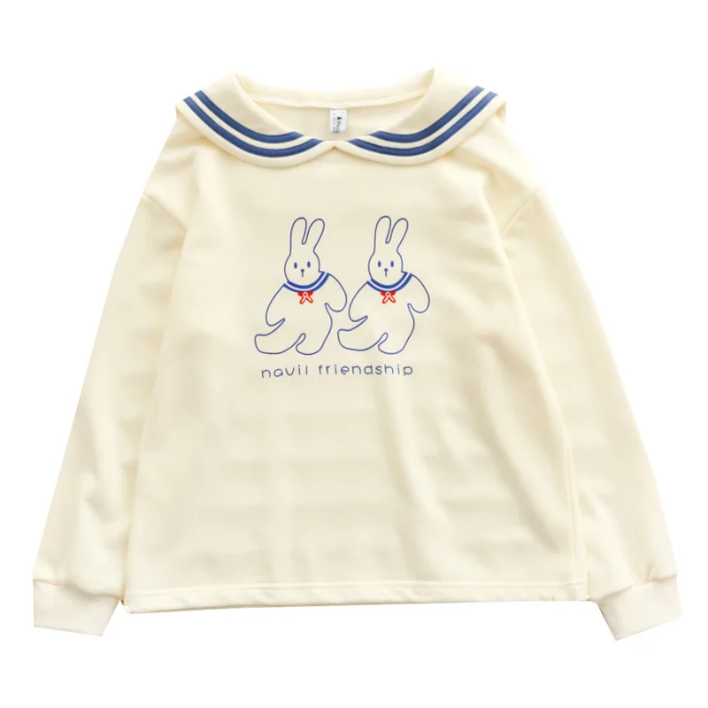 

Navy Collar Long Sleeve Hoodies Girl New Spring Autumn Japanese Soft Sister Sweet Bunny Print Pullover Female Outer Tops Student