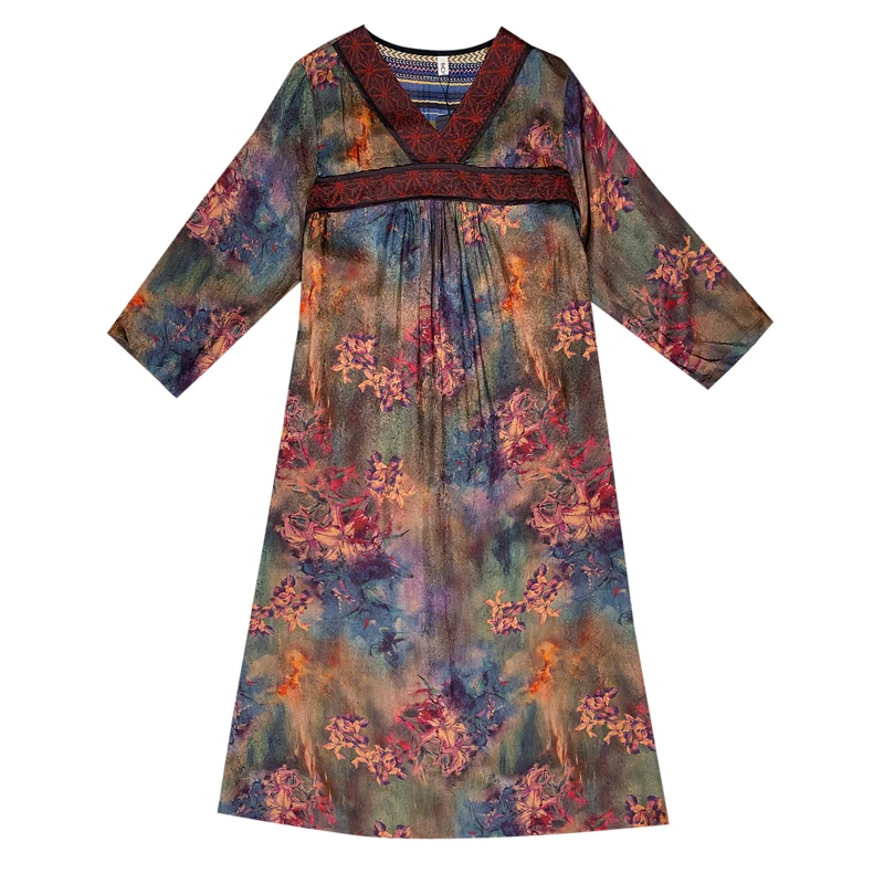 

COIGARSAM 4XL Plus Size Vintage Loose Women dress New Spring Summer V-Neck Dresses Design And Color 2063