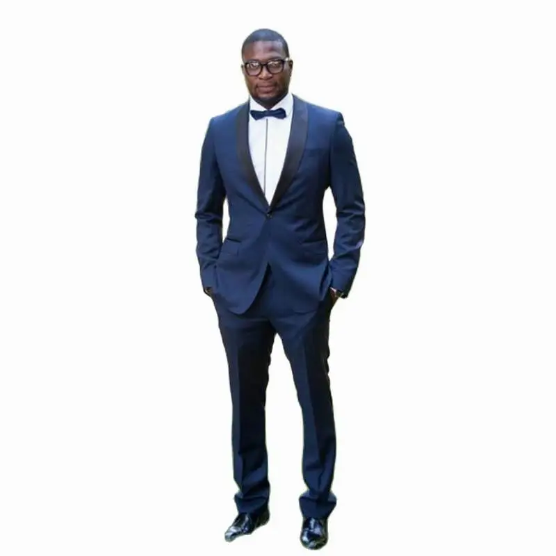 New Blue Slim Fit Wedding Tuxedos One Button Black Shawl Lapel Two Pieces Suit Custom Made Groom Wears(Jacket+Pant+Bow Tie)