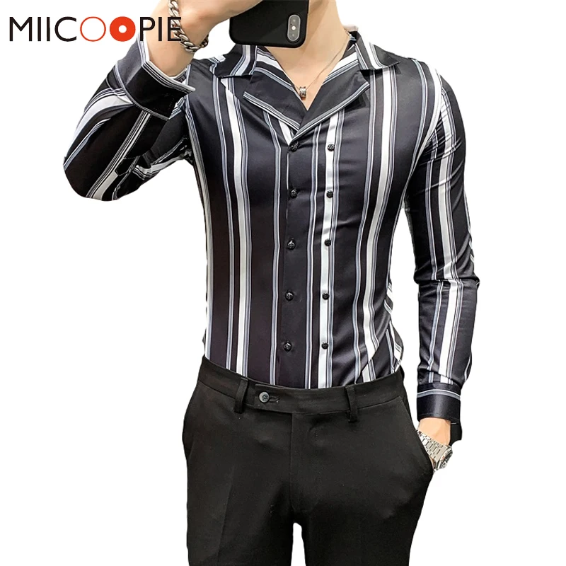 

Мужская приталенная рубашка в полоску, двубортная рубашка в британском стиле с длинными рукавами и вырезом, модная блузка, топы азиатского ...