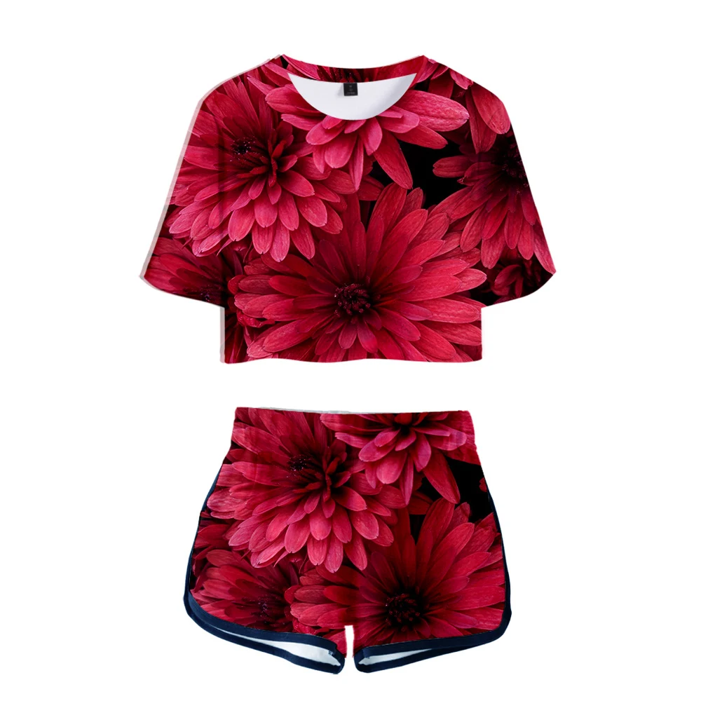 

Hot sale Colorful Flowers Rose Two Piece Set Chrysanthemum Sunflower Women Sexy Shorts+lovely T-shirt Girls Sport suits 2021