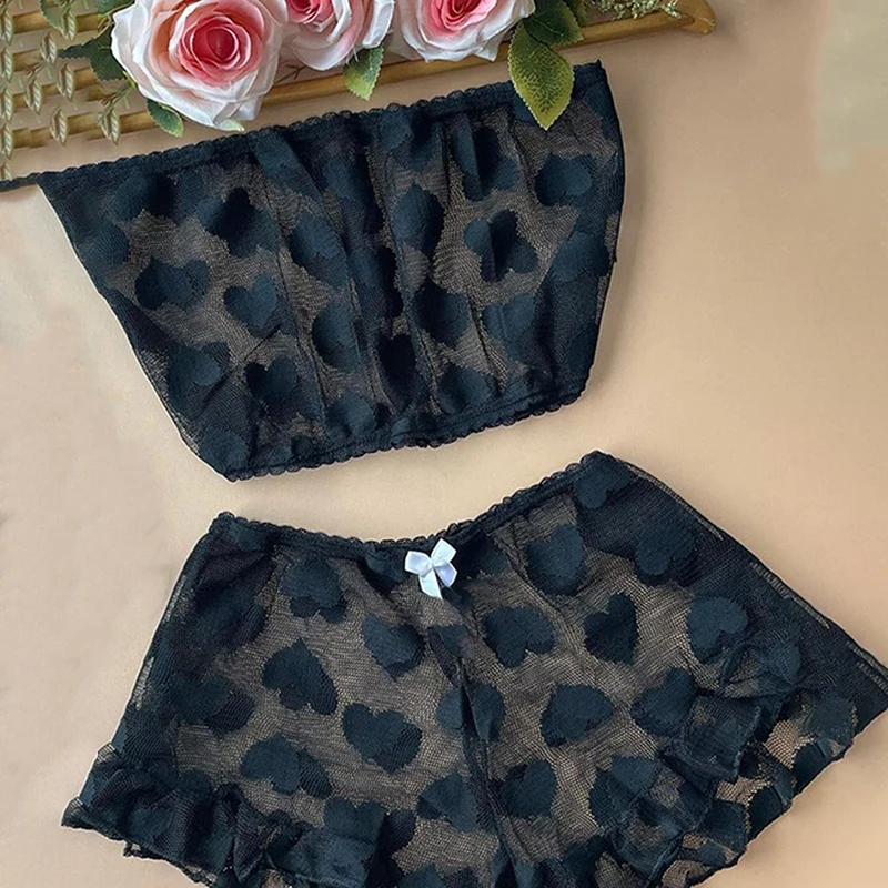 

Women Sexy Bedroom Sleep Wear valentine's day gift Sheer Mesh Heart Pattern Ruffled Hem Lingerie Sets