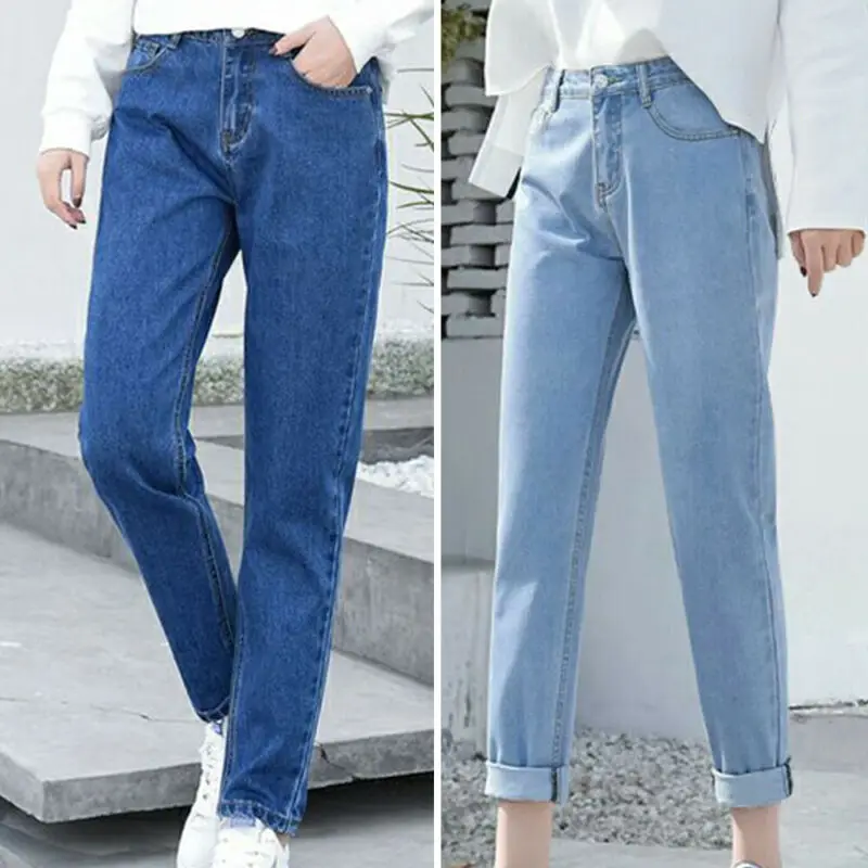 

Women Casual Summer High Waist Jeans Pants Straight Denim Trousers Turn Up Cuff