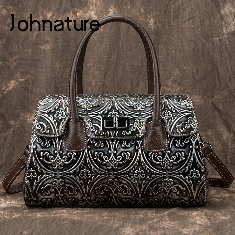 

Johnature Genuine Leather Handmade Embossing Women Handbag 2022 New Retro Cowhide Large Capacity Lady Shoulder & Crossbody Bags