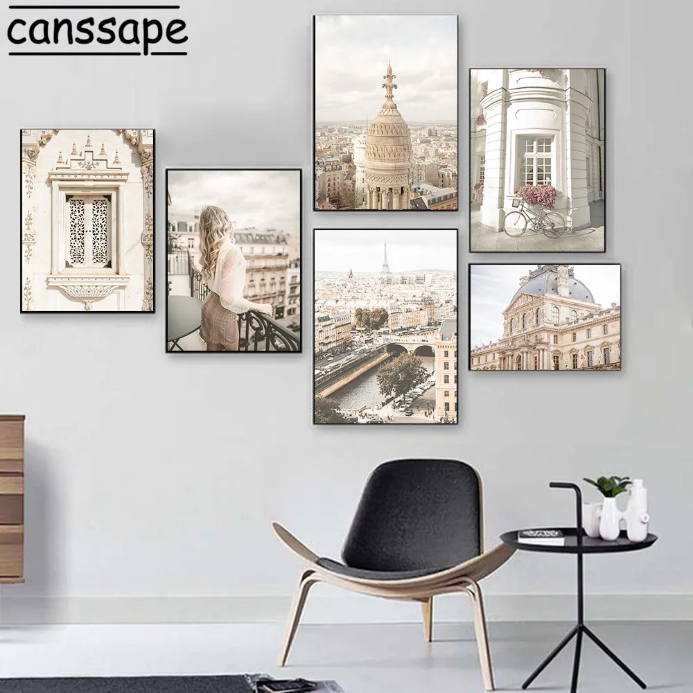 European Architecture Wall Poster City Landscape Canvas Painting Balcony Girl Print Nordic Pictures For Living Room Decor |