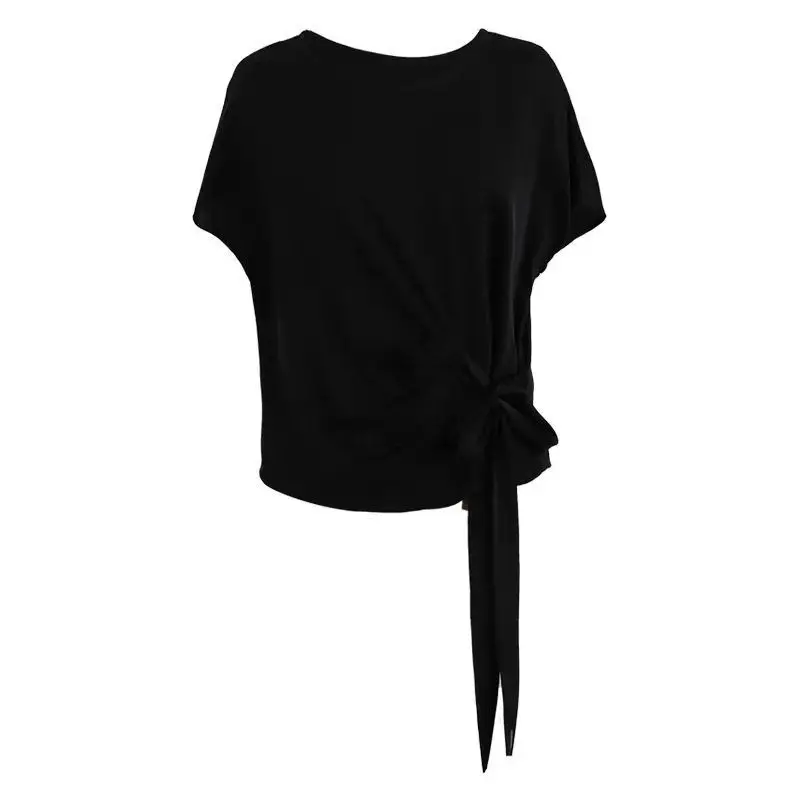 

Short sleeve T-shirt women's loose lace imitation silk 2021 new round neck large slim summer top silky blouse