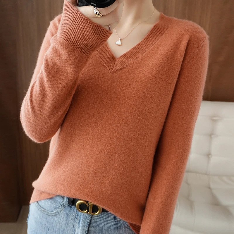 

Zocept Autumn Winter V-Neck Pullover Woman Casual Top Merino Wool Sweater Female Loose Long Sleeve Knitted Warm Jumper Clothing
