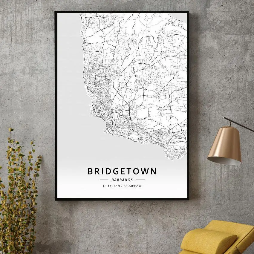 

Black and White Brldgetown Barbados Latitude Longitude Canvas Art Map Poster