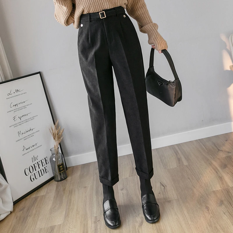 Женские утепленные шерстяные брюки с высокой талией зимние модные повседневные