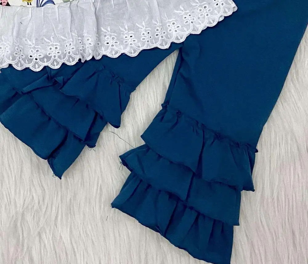 Hot summer lace rooster and hen farm style little girl top + three layer lotus leaf edge dark blue cotton pants boutique set | Мать и
