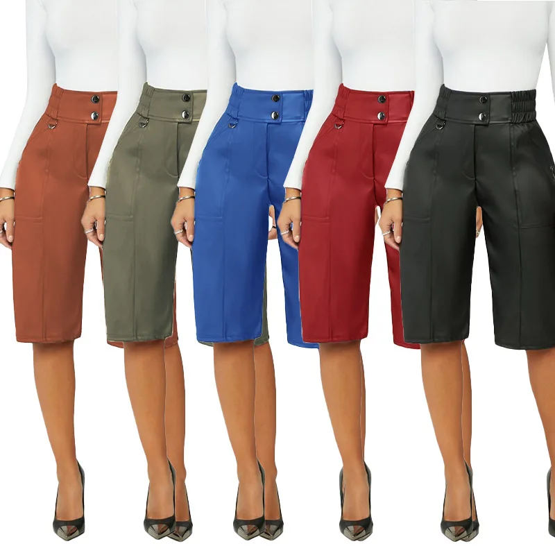 

Vetement Femme 2021 Plus Size High Waist Knee Length PU Leather Women Pants Clothes Pantalon Trousers