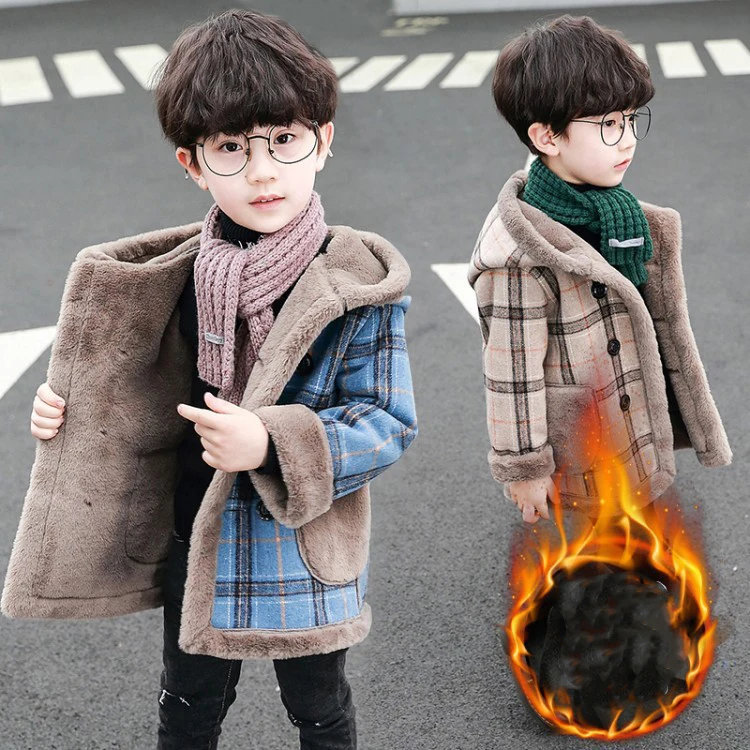 

Velvet Boys Winter Coat England Grid Hooded Children Outerwear Kids Wool Coats 10 Years Old Jacket For Boy Thick Kids Cardigan